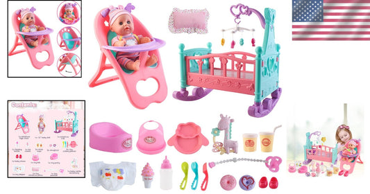 Safe 12” Baby Doll Toy Set with Crib, High Chair & Accessories for Pretend Play