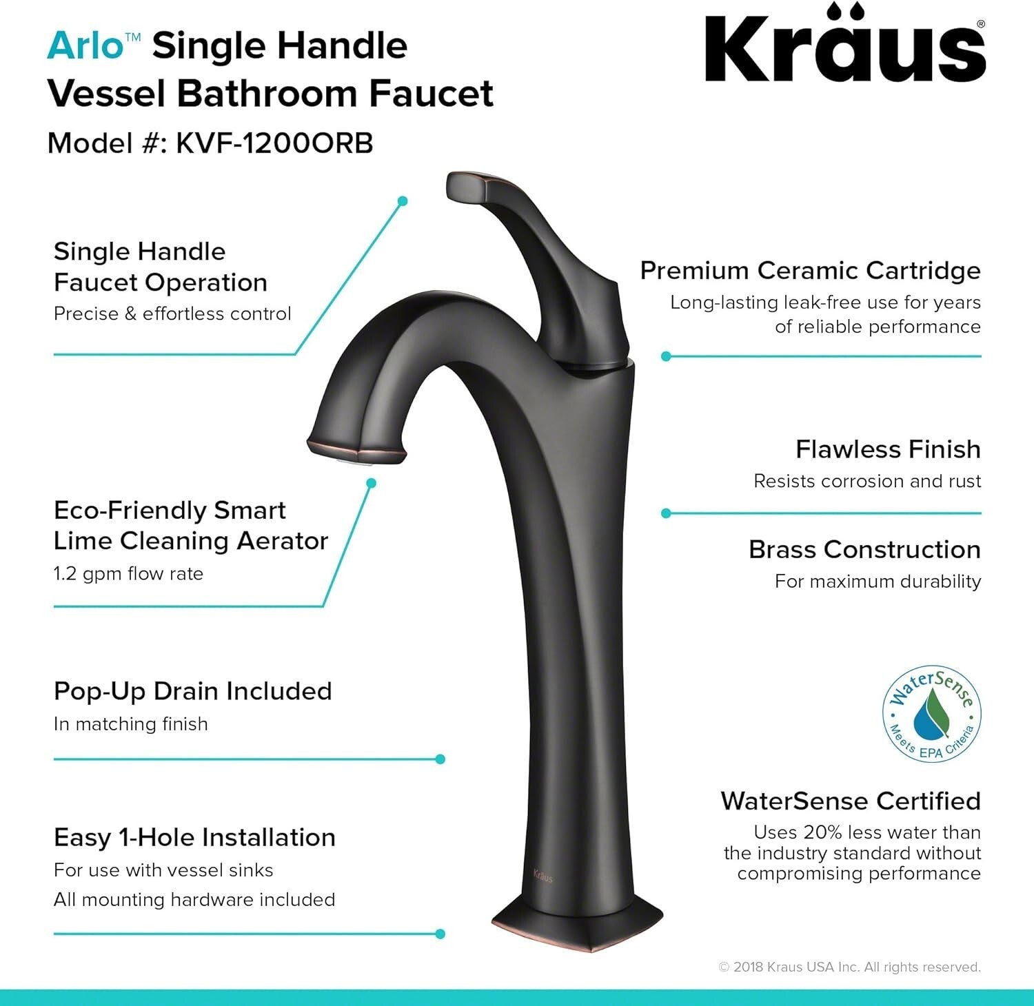 Arlo Oil Rubbed Bronze Single Handle Vessel Faucet with Pop-Up Drain Included