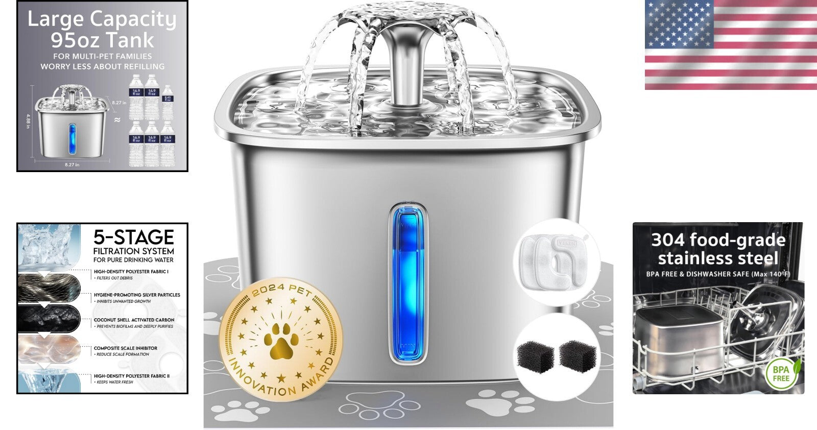 Hygienic 95oz Stainless Steel Cat Water Fountain with Light & Filters Included