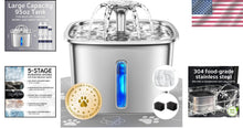 Load image into Gallery viewer, Hygienic 95oz Stainless Steel Cat Water Fountain with Light &amp; Filters Included
