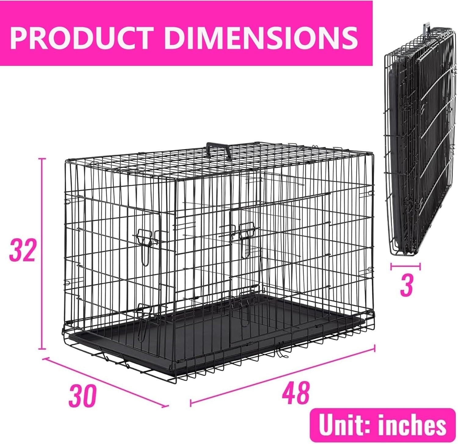 Durable 48-Inch Folding Dog Crate with Double Doors & Removable Tray for Pets
