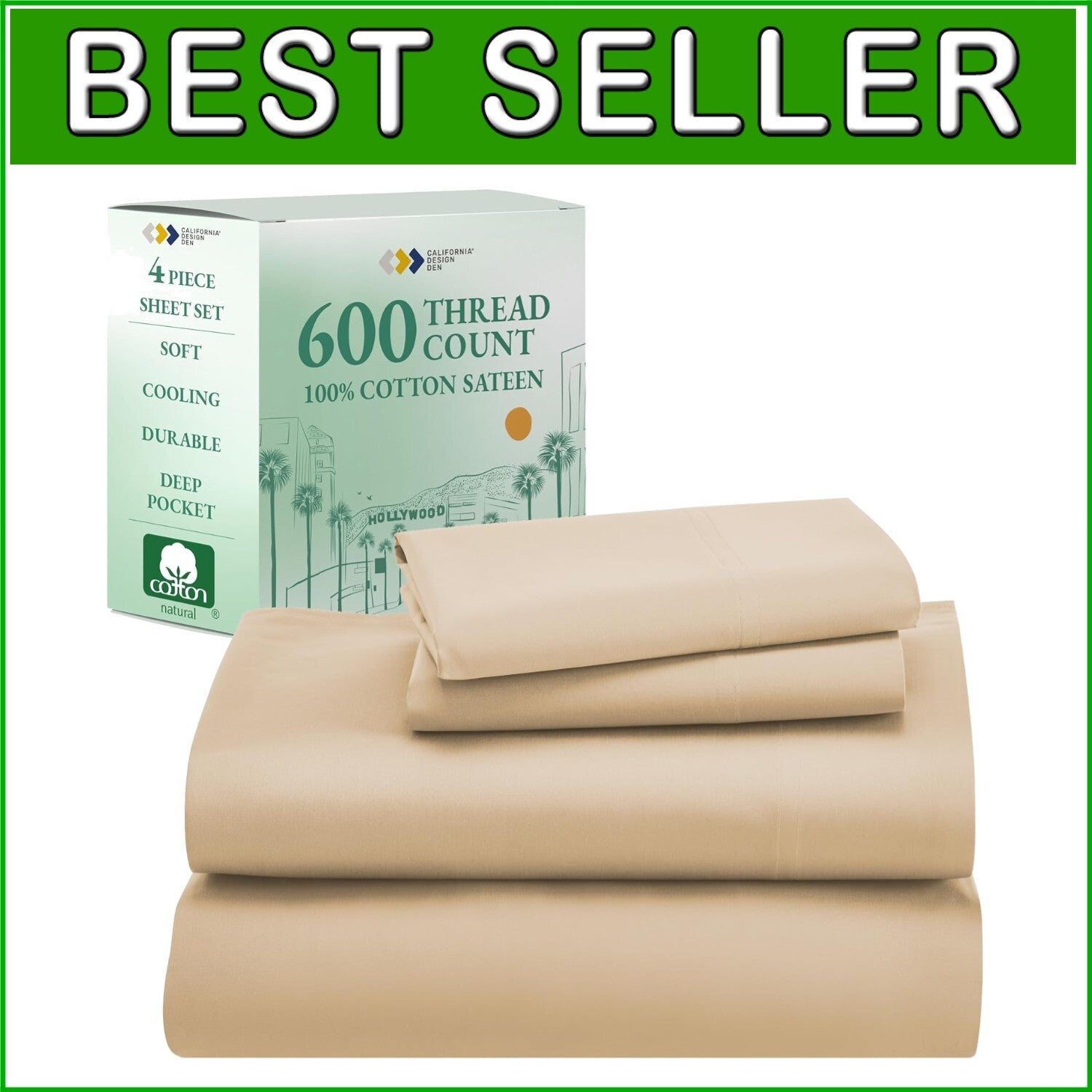 Elegant 4-Piece King Cotton Sheet Set - Soft, No-Shrink & Golden Tan Luxury