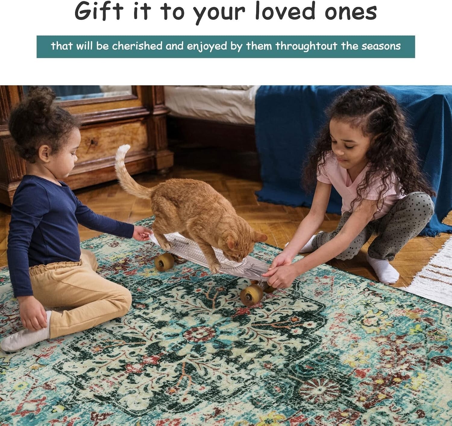 2x6 Floral Medallion Indoor Runner - Soft Faux Wool, Non-Slip & Machine Wash