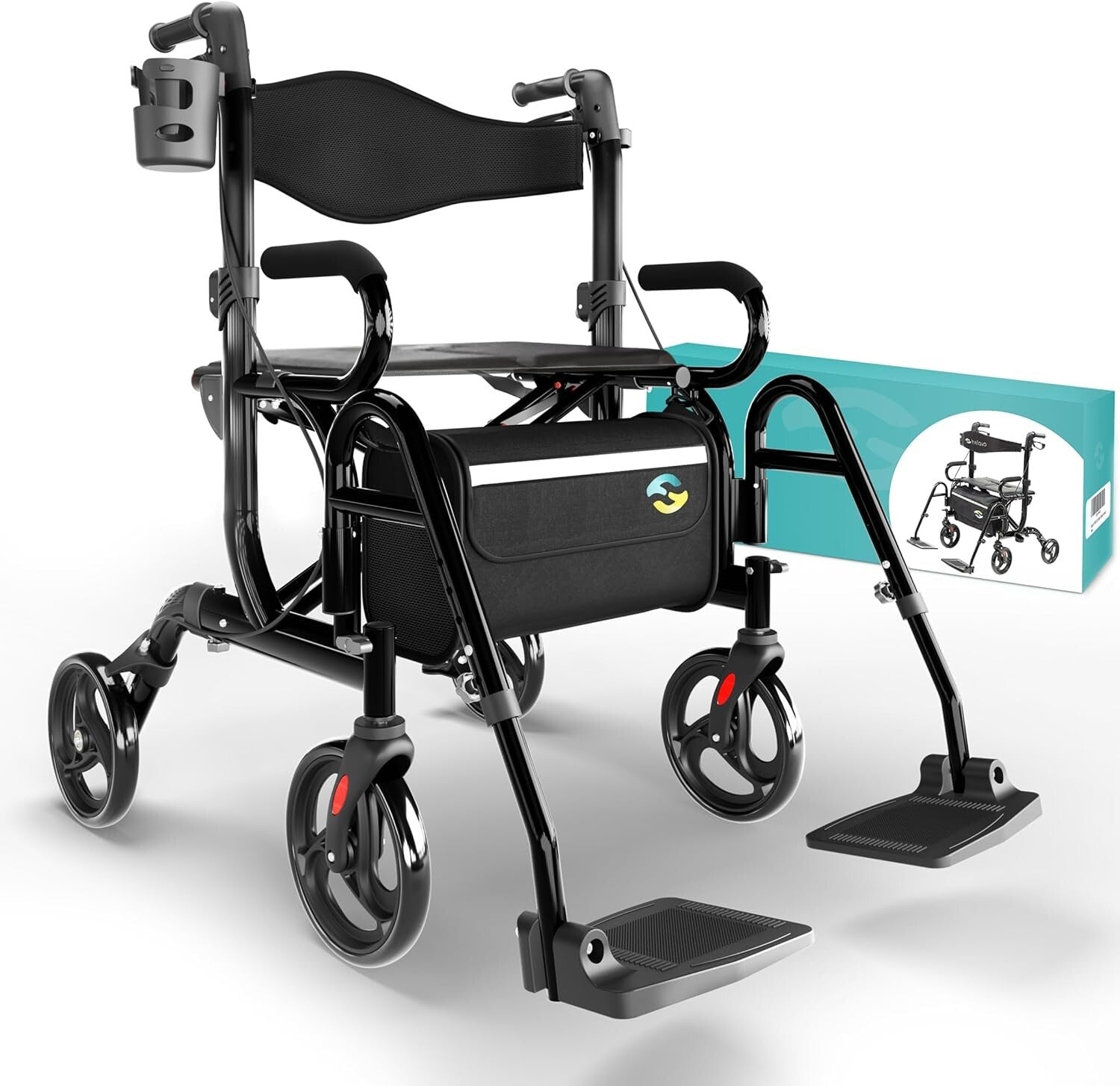 Lightweight Aluminum Rollator - Convertible Walker to Transport Chair, 300 lbs