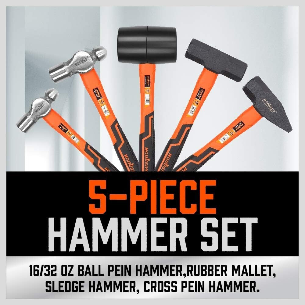 Pro-Grade 5-Piece Hammer Collection - Includes Rubber Mallet & Sledge Hammer