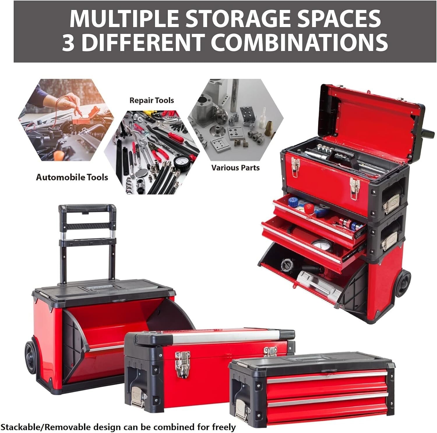 Stackable Rolling Tool Storage Trolley with Removable Tray & 3 Drawers, 20.5" L