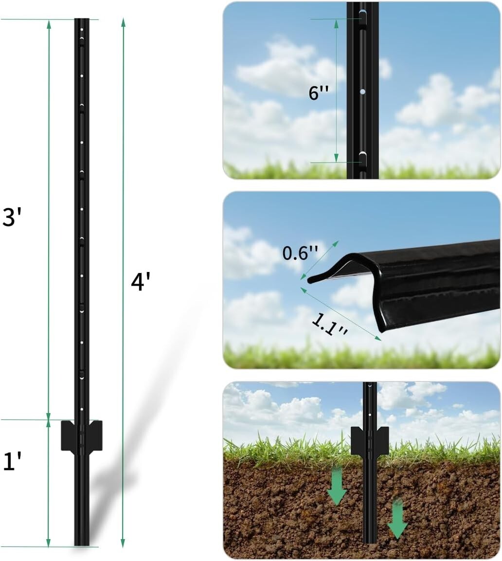 Versatile 4ft Black Steel Fence Posts - Ideal for Garden and Animal Barriers