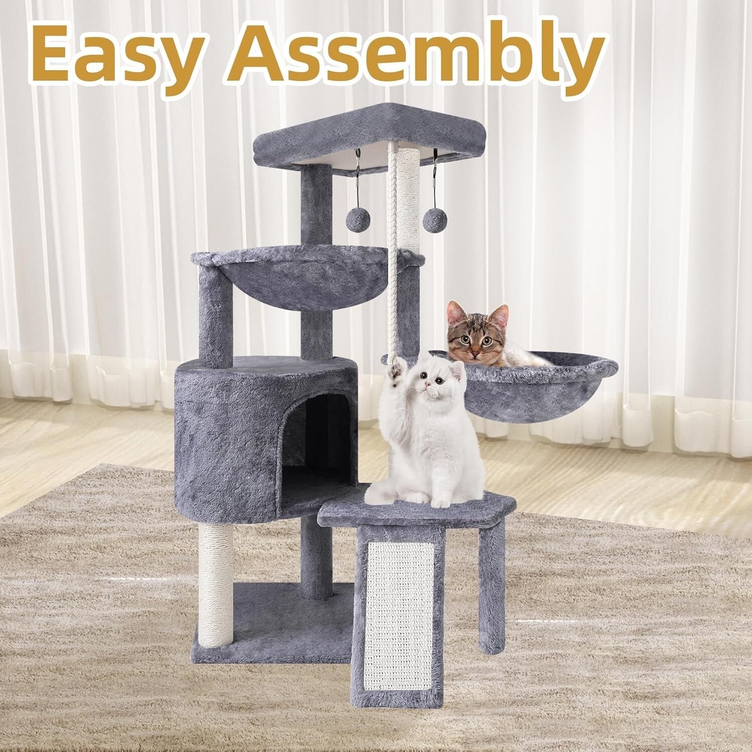 Stylish Grey Three-Level Cat Tree with Two Relaxing Hammocks & Condo Space