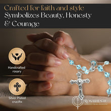 Load image into Gallery viewer, Unique 8-Inch Auto Clasp Rosary with Aquamarine Beads &amp; Silver Plate Crucifix