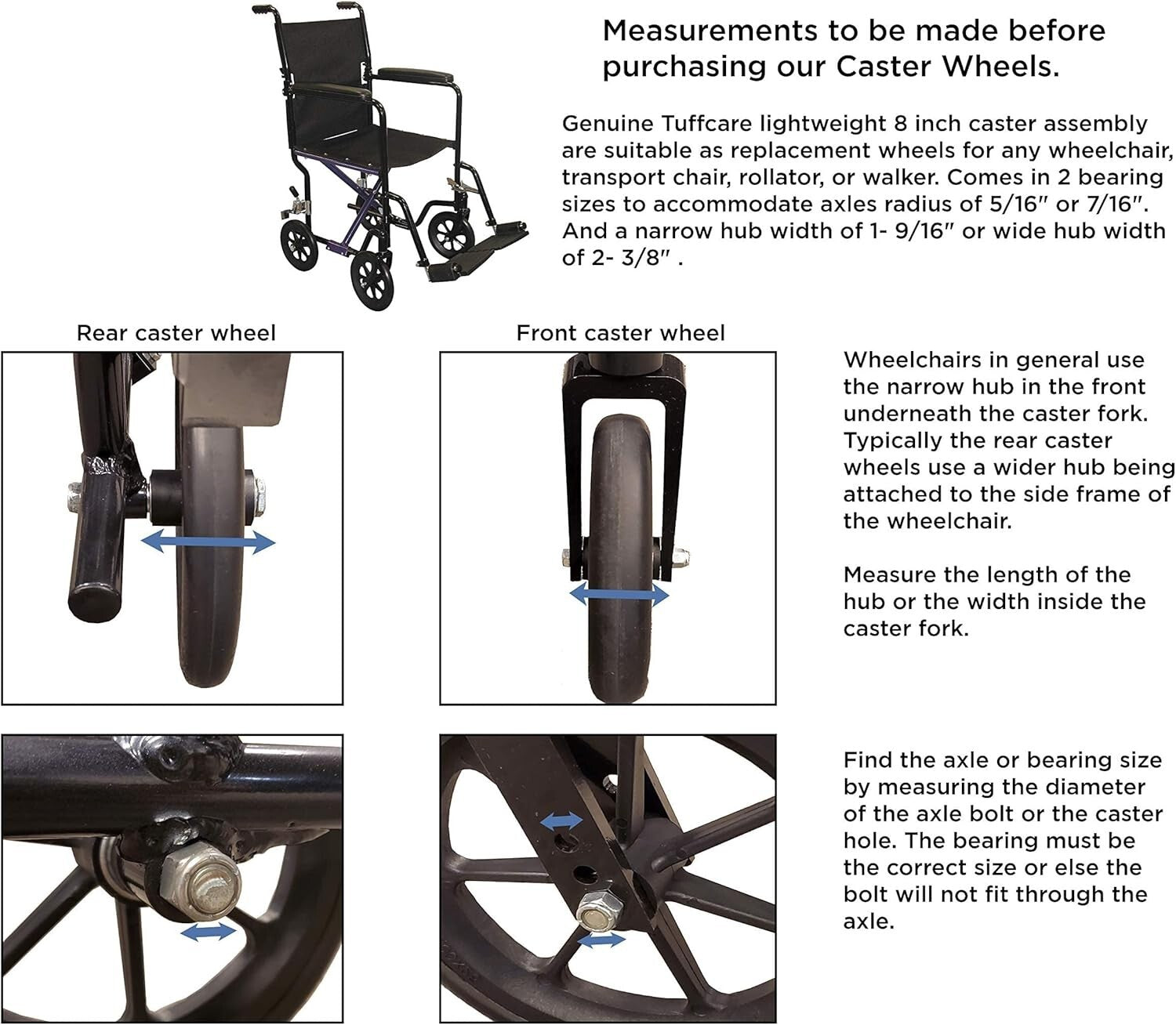 Durable 8-Inch Rubber Caster Wheel with 7/16" Axle - Perfect for Wheelchairs