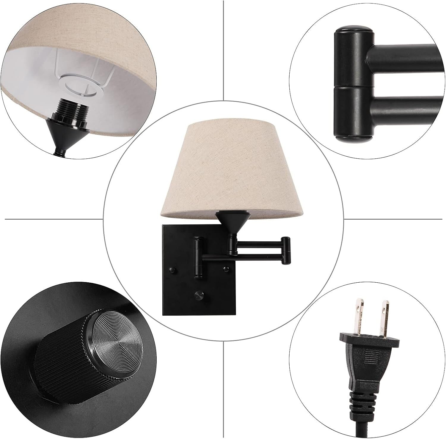 Elegant Plug-In Wall Sconce Set of 2 with Adjustable Swing Arm & Fabric Shade