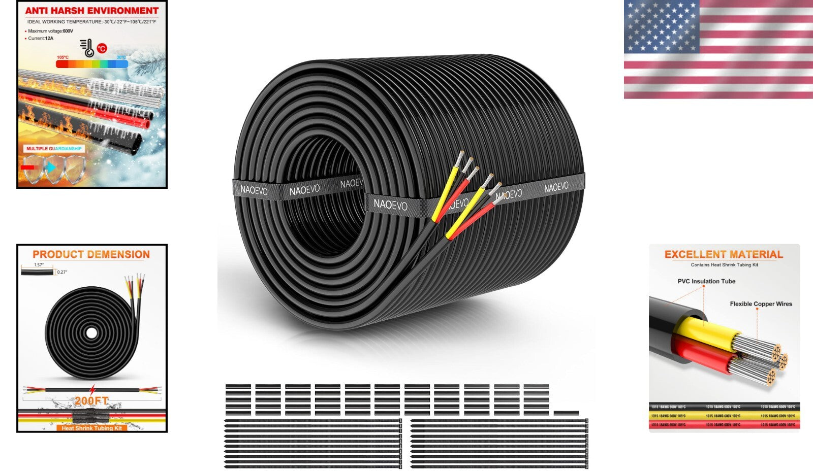 600V Rated 18 AWG Electrical Wire - 3 Conductor Cable for Indoor & Outdoor