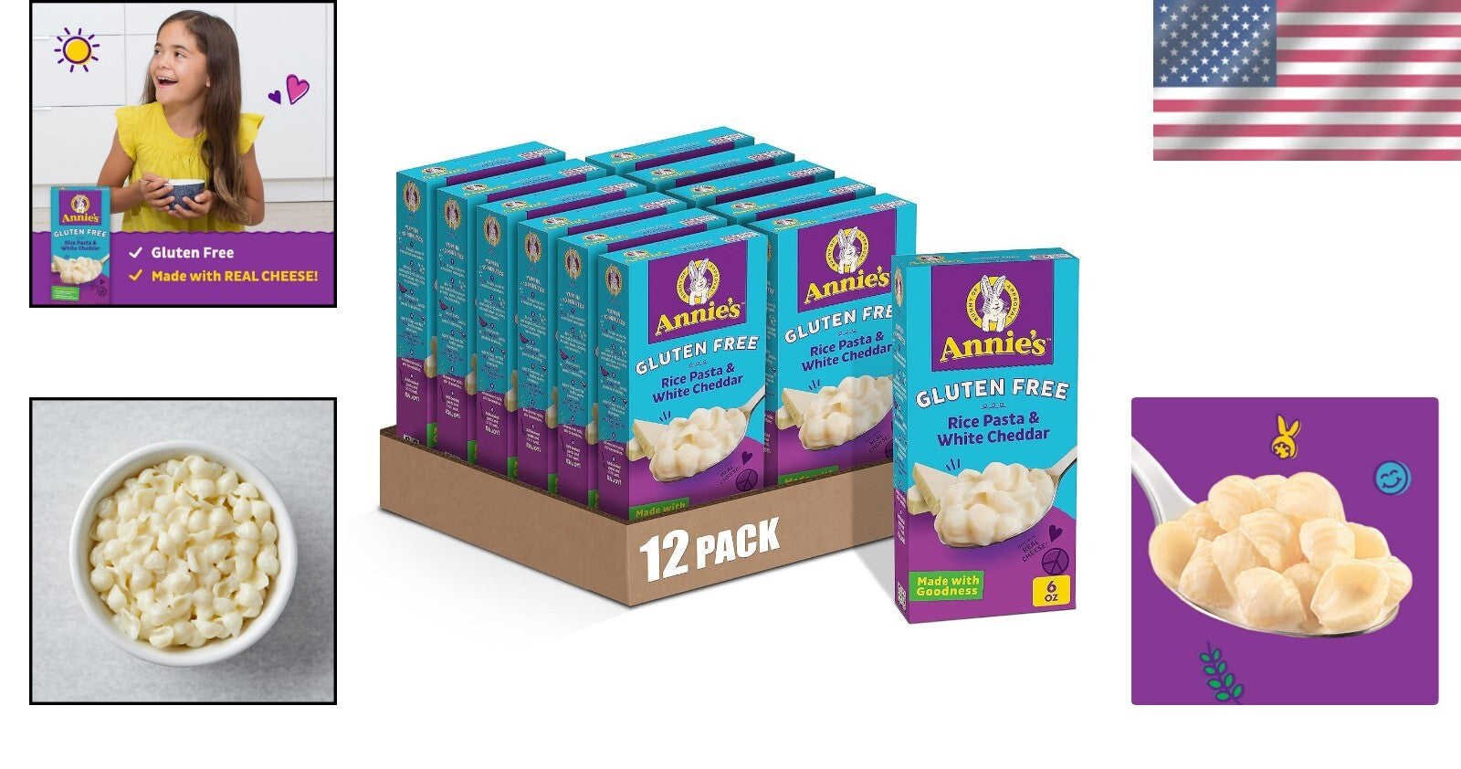 Annie's Rice Pasta Mac and Cheese – Cheerful Gluten-Free Meal, 12 x 6 oz Boxes