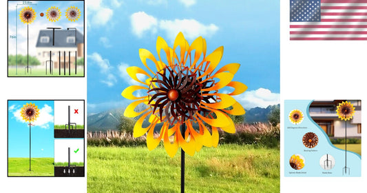 Large 76" Metal Sunflower Pinwheel with Double-Sided Fans for Outdoor Spaces