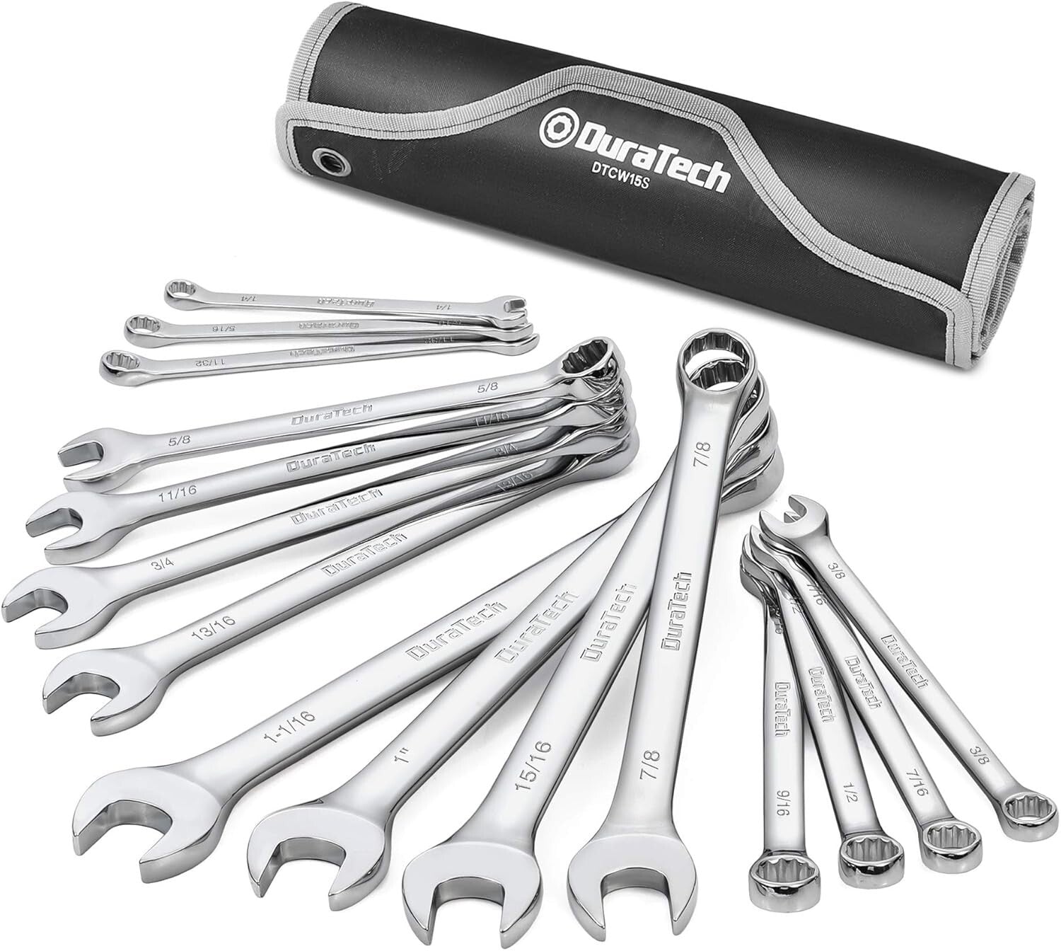 15-Piece Combination Wrench Set - Chrome Vanadium, 12-Point, Portable Pouch