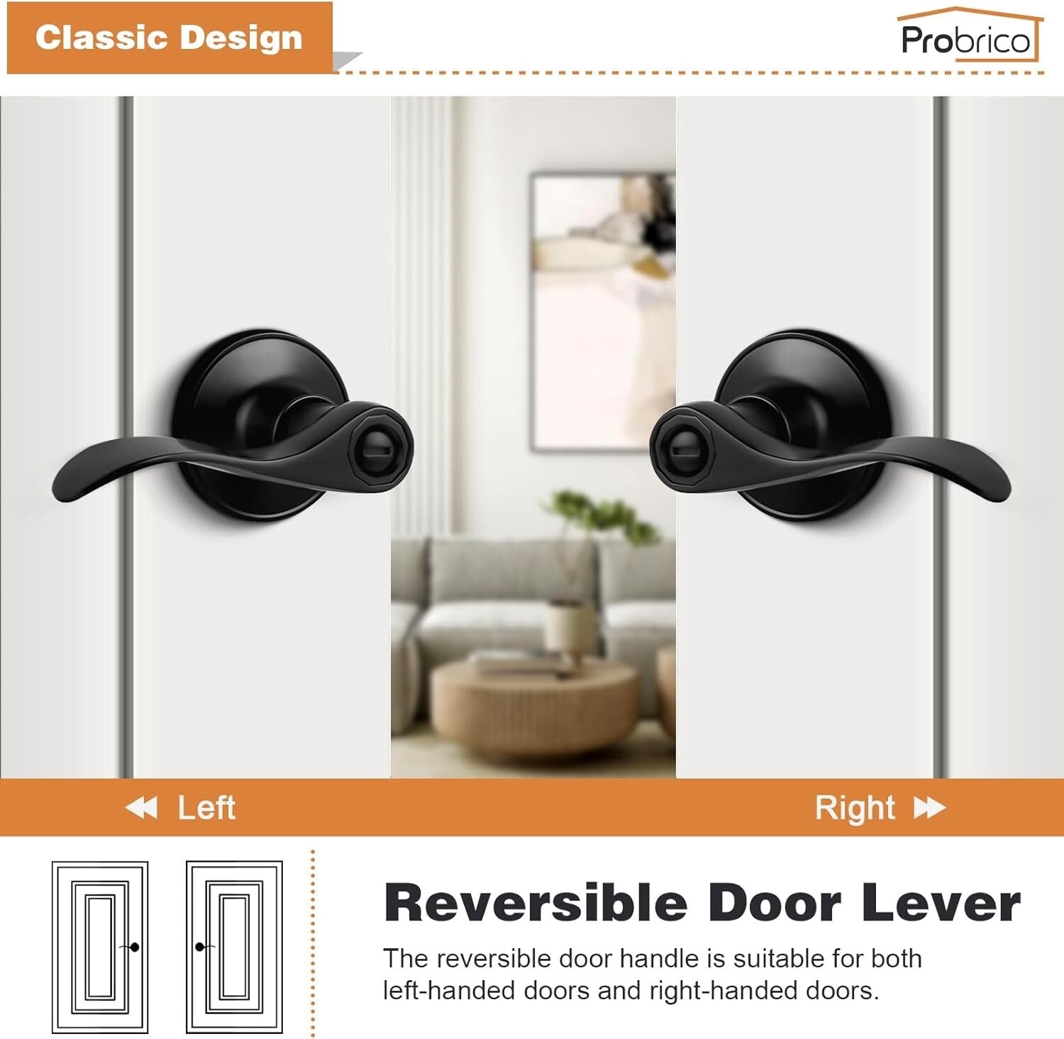 Elegant Matte Black Wave Style Door Levers - Privacy 6 Pack Interior Handles