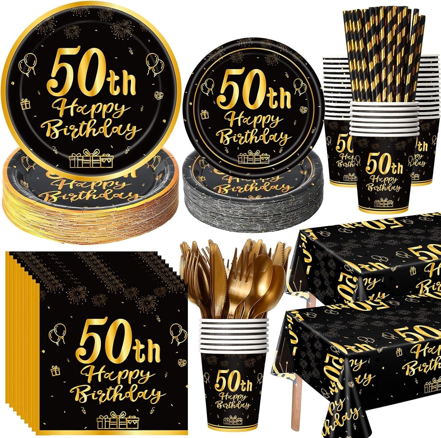 All-in-One 50th Birthday Party Set - 452 Durable Pieces: Plates, Cups & Cutlery