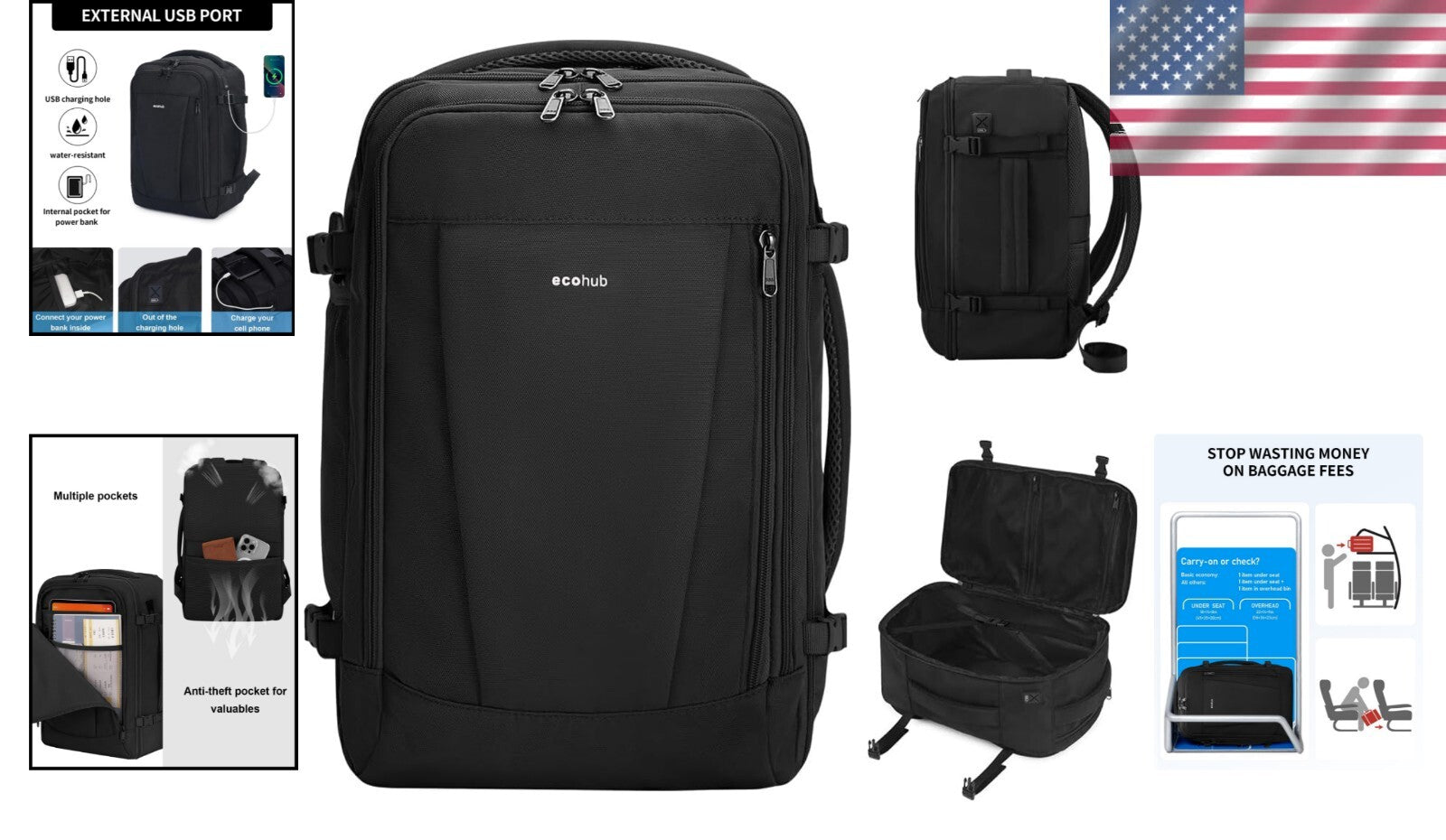 Functional Travel Backpack with Luggage Sleeve & Expandable Water Bottle Pocket