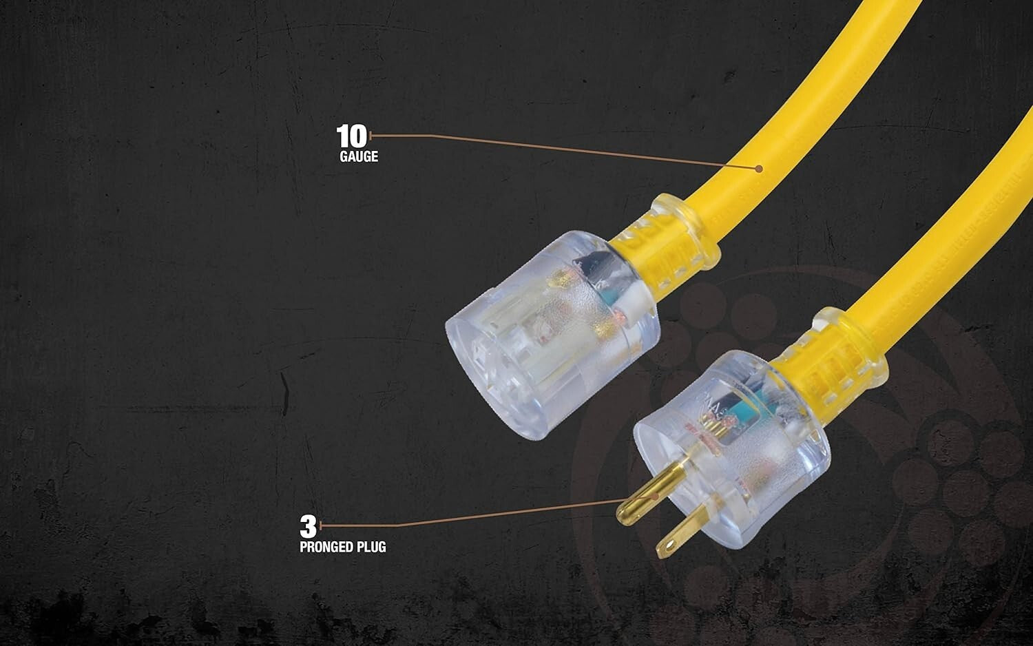 100Ft Outdoor Yellow Extension Cord, 10 Gauge with Strain Relief - High Capacity