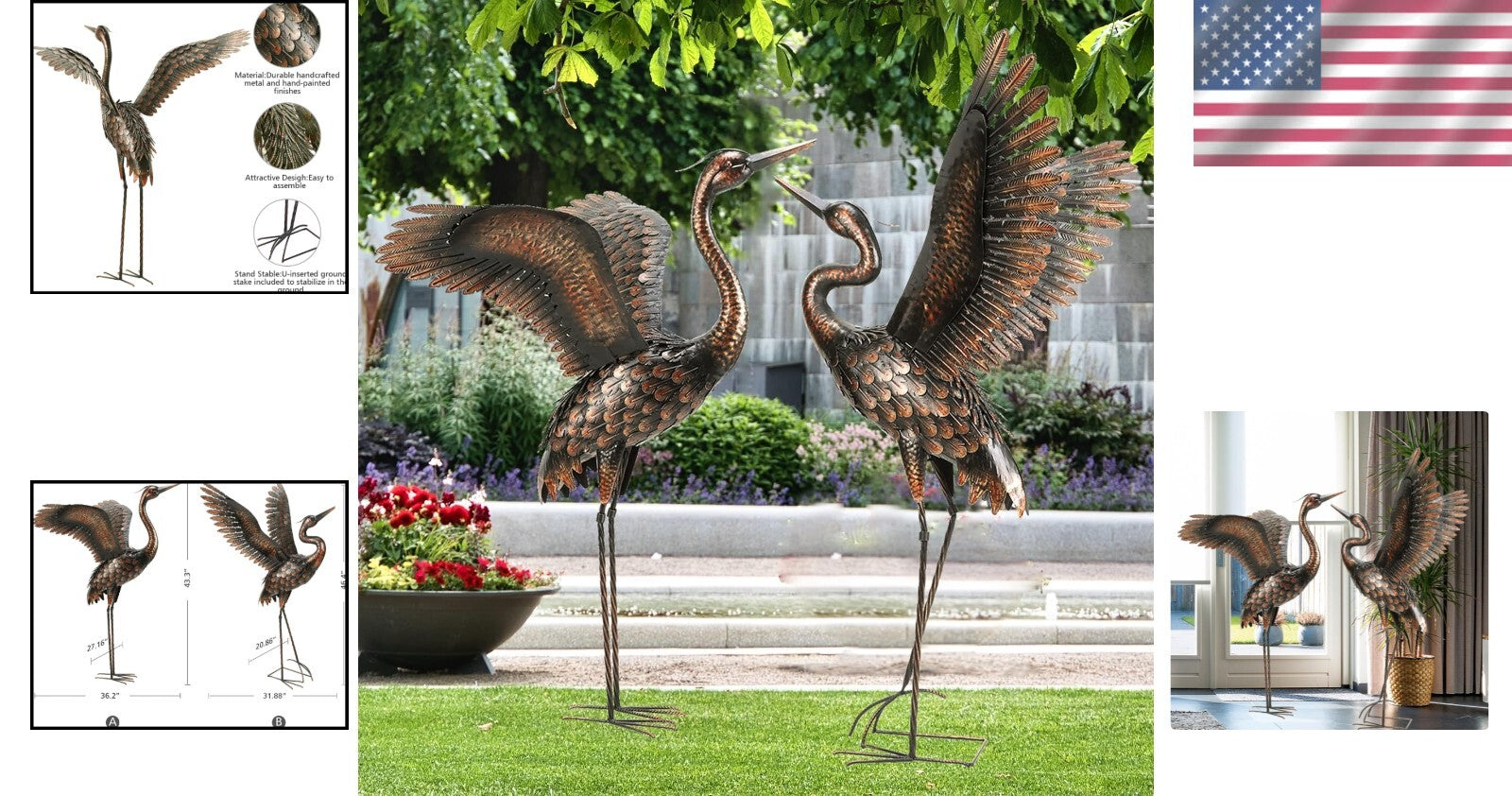 Freestanding Metal Crane Statues - Realistic Garden Art for Outdoor Elegance
