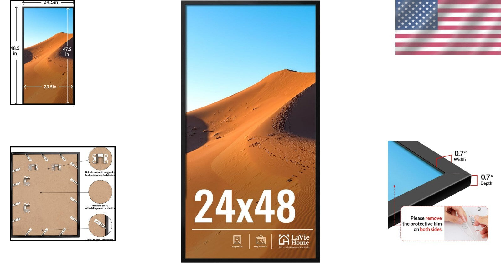 Elegant 24x48 Picture Frame - Vertical or Horizontal Display with Plexiglass