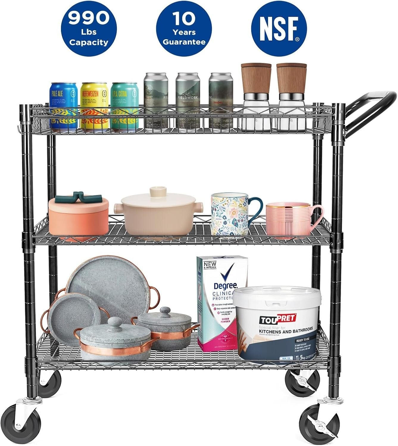Versatile 990Lbs Capacity Metal Trolley with Silent Casters - Ideal for Kitchens