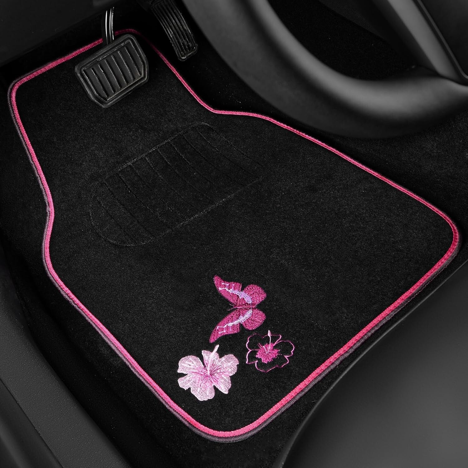 Elegant Pink Car Mats & Exercising Steering Wheel Cover with Butterfly Design