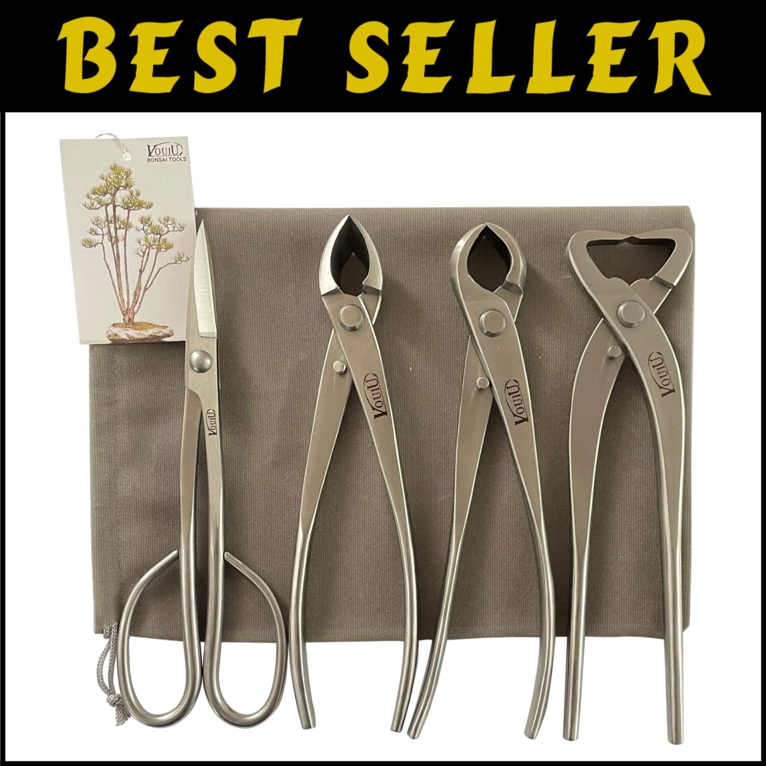 4-Piece Stainless Steel Bonsai Tool Set - Concave Cutter & Scissors Included