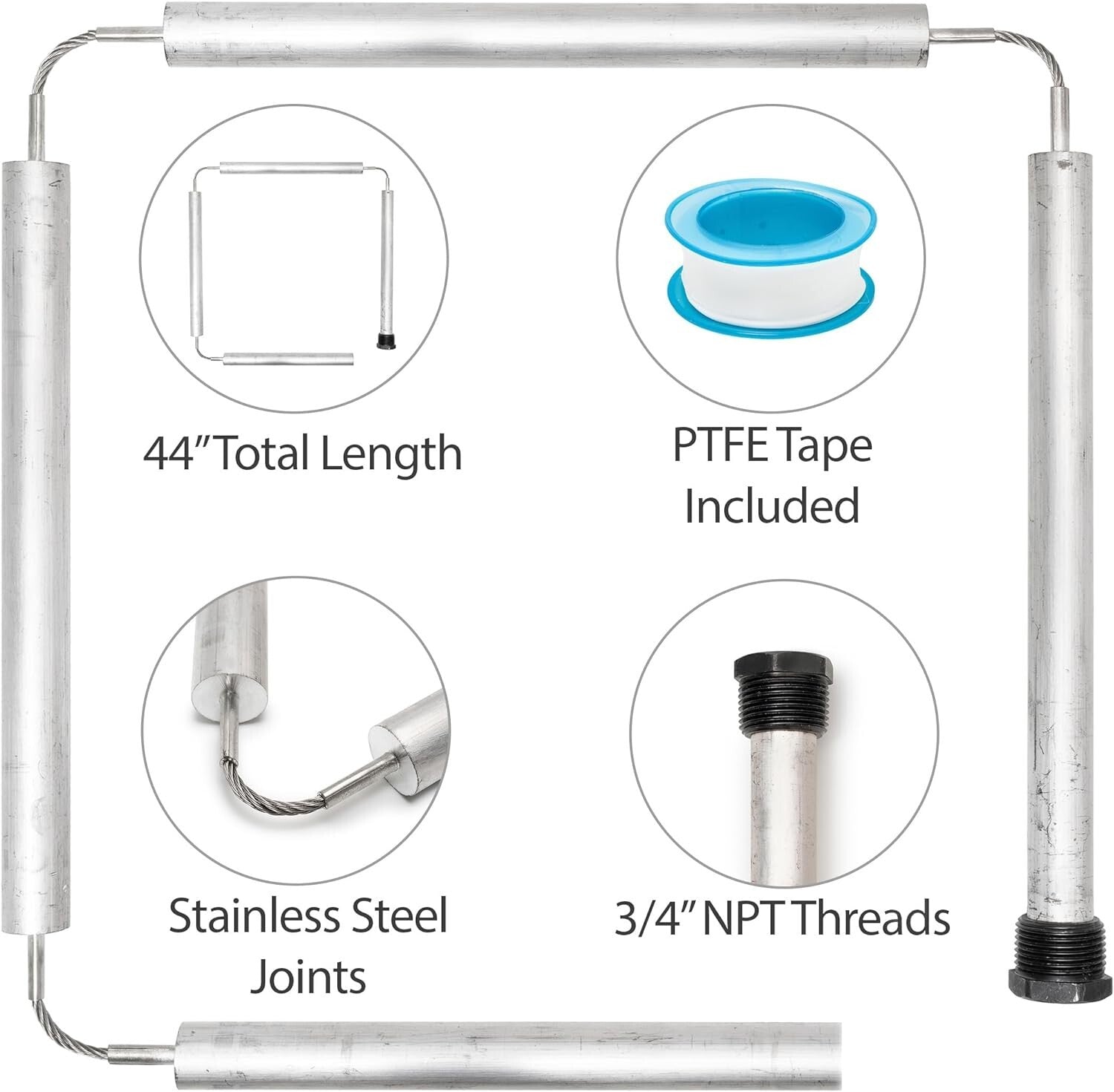 Durable Aluminum Anode Rod with PTFE Tape - Easy Installation for Water Heaters