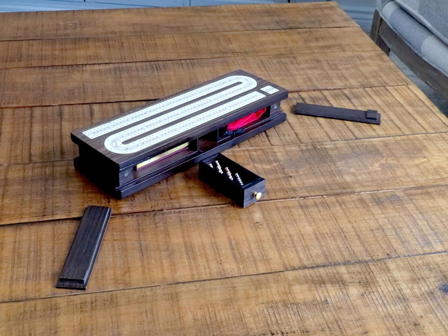 Elegant Cribbage Board Game Set with Integrated Card Storage & Compact Design