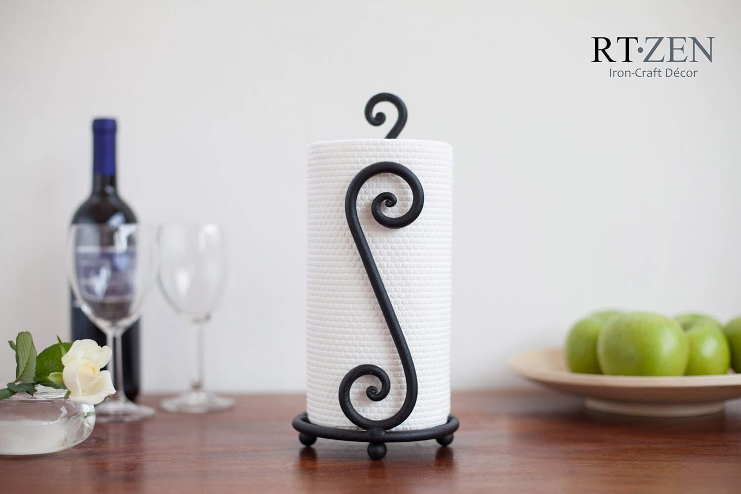 Decorative Black Wrought Iron Paper Towel Stand - Space-Saving Kitchen Accessory