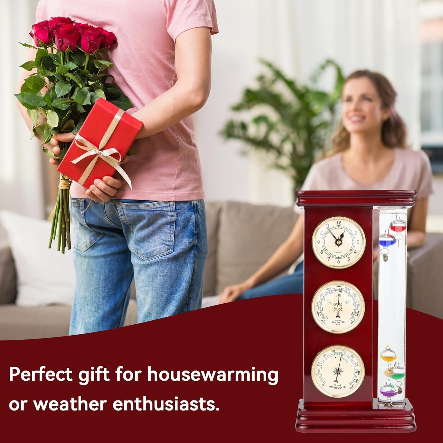 Classic Gold Weather Station with Galileo Thermometer & Multi-Colored Spheres