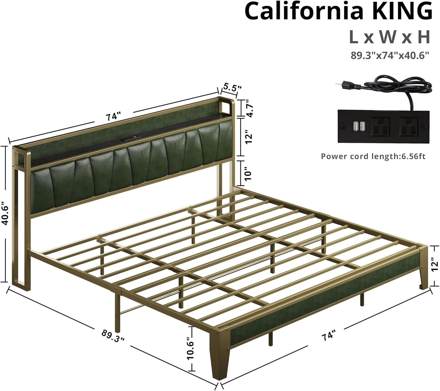 Elegant Dark Green California King Platform Bed with Convenient Charging Station