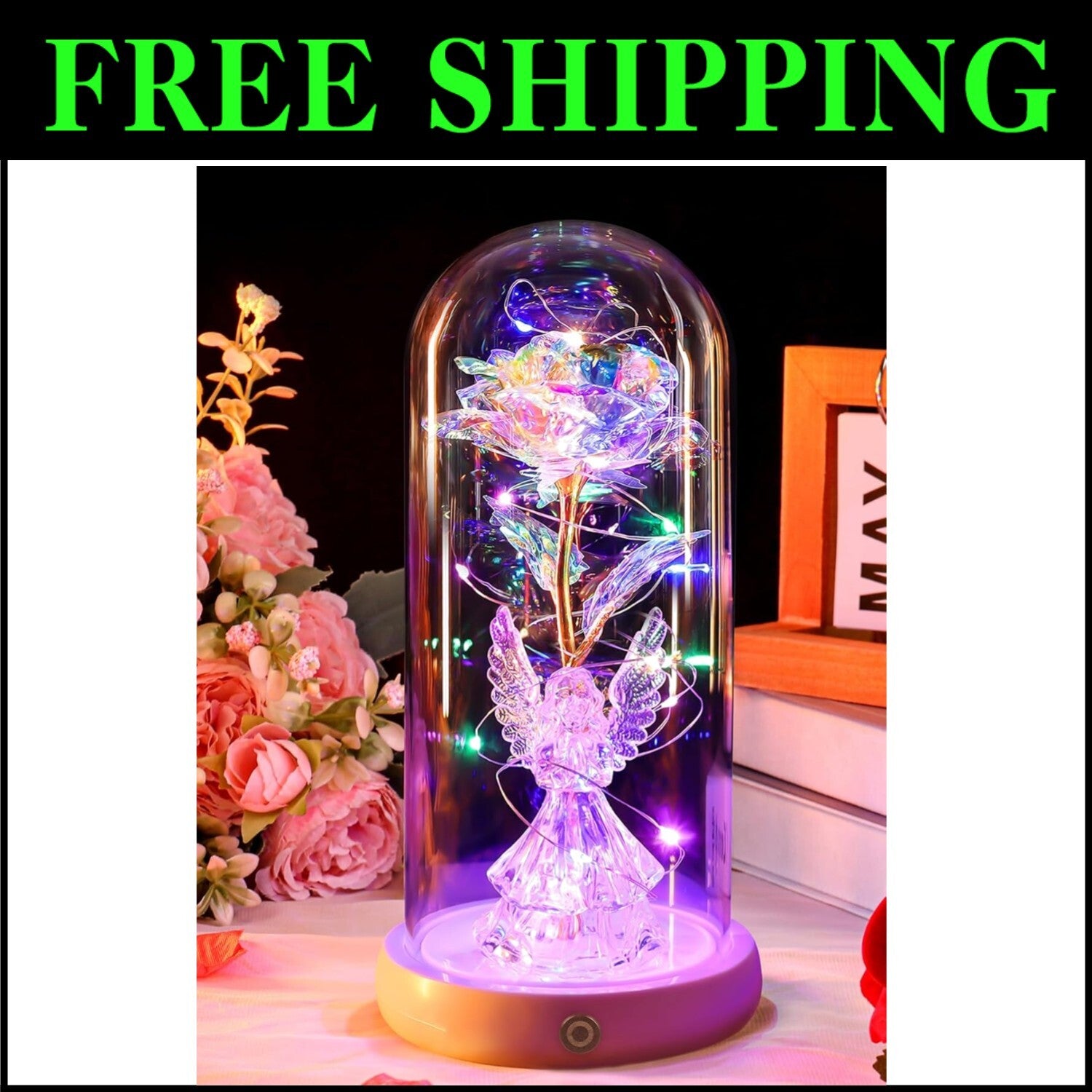 Charming Preserved Rose and Angel Figurine in Glass Dome - Versatile Home Decor