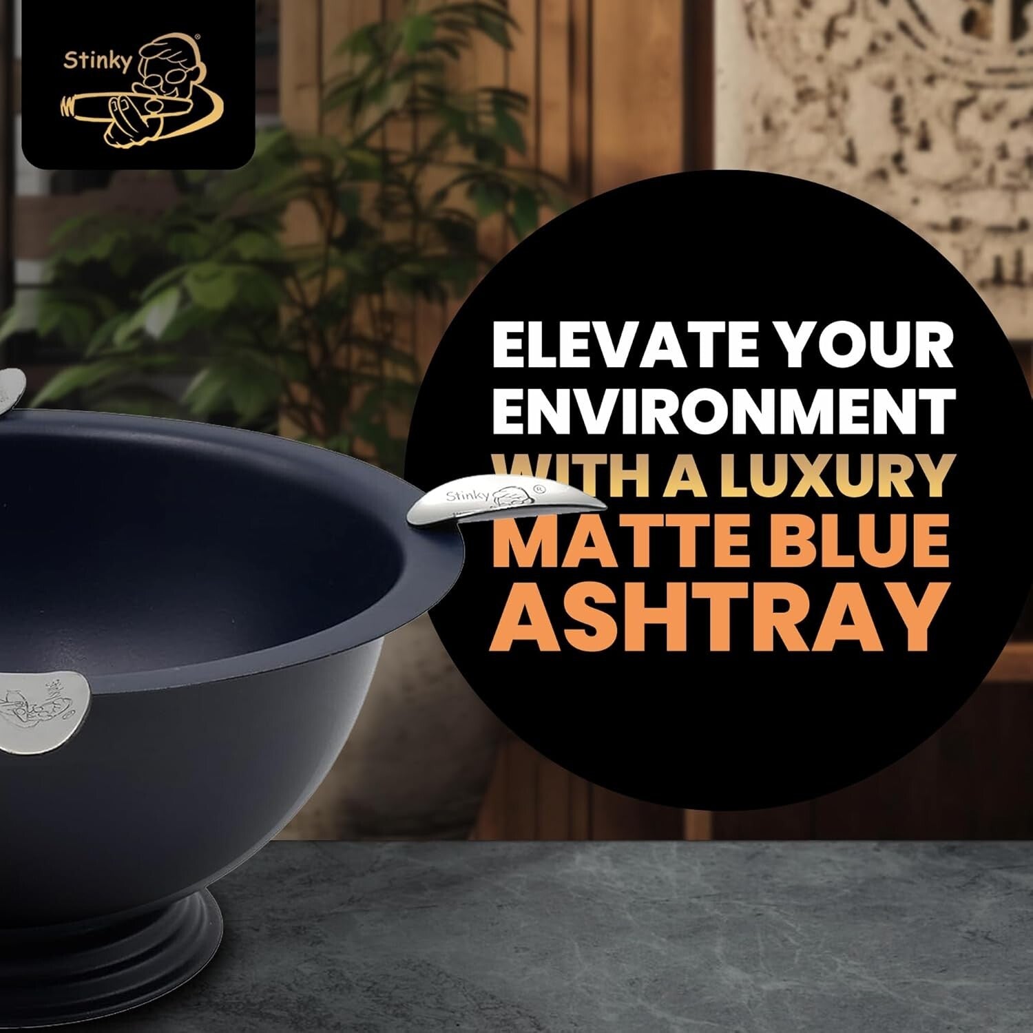 Sleek 8-Inch Matte Blue Ashtray with 4 Stirrups – Perfect for Indoor/Outdoor Use