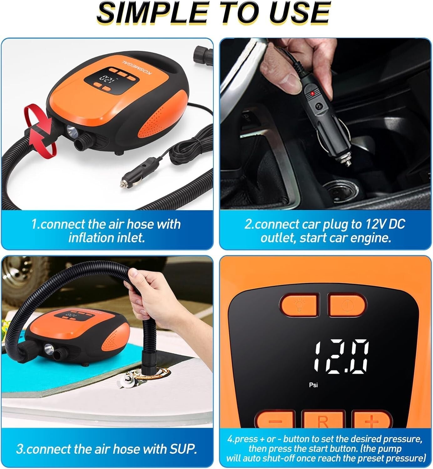 Electric Paddle Board Pump: 20PSI Auto-Off Pump for SUP and Inflatables