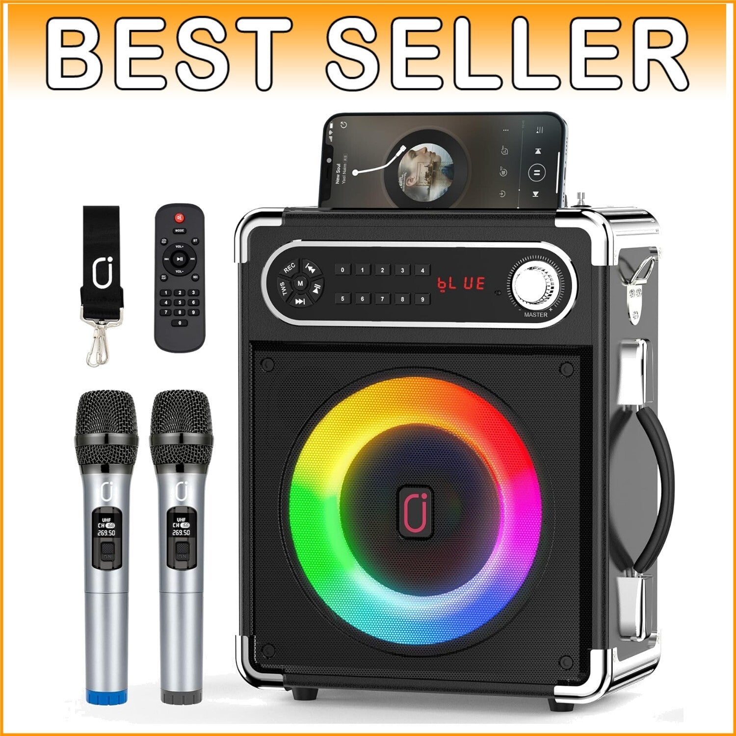 All-in-One PA System with Remote Control, Disco Lights, and Wireless Microphones