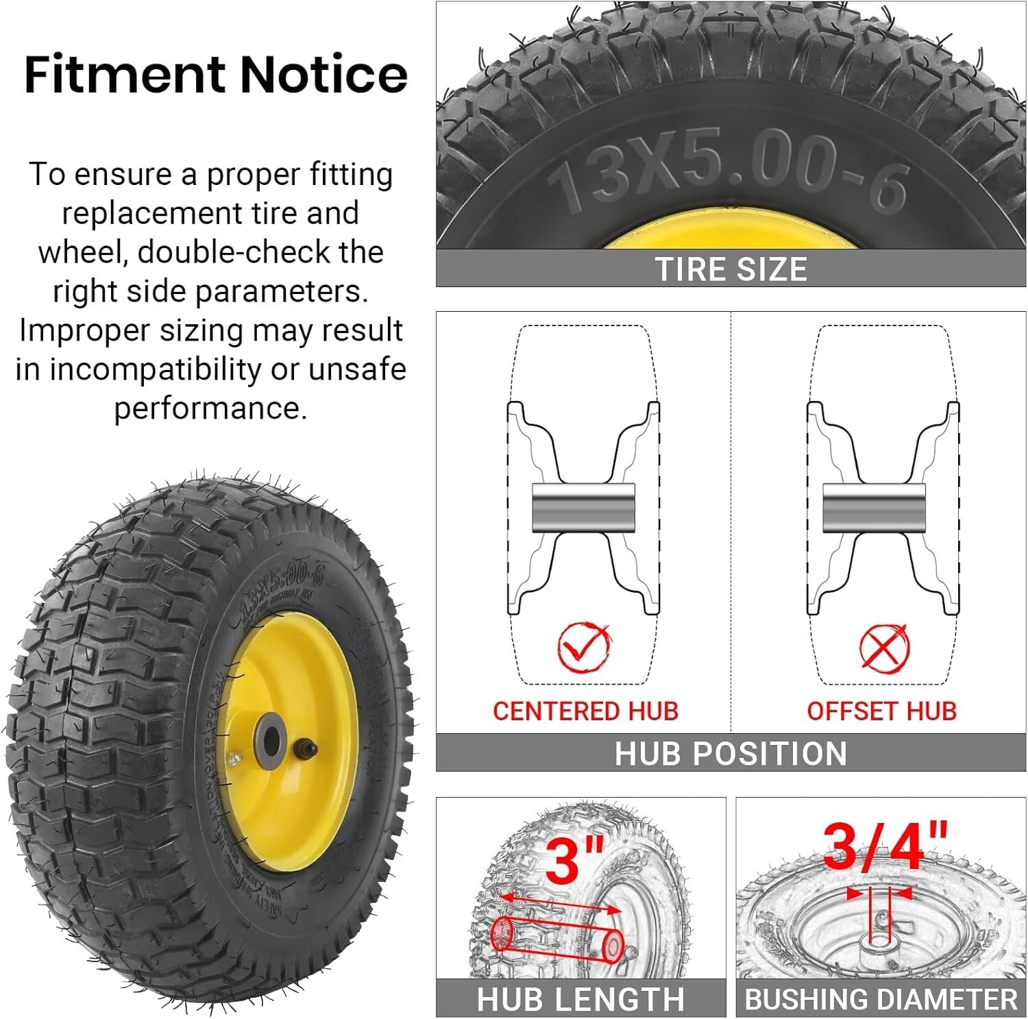 Heavy-Duty Tubeless Lawn Mower Tire & Wheel Assembly 2-Pack - 13" Diameter
