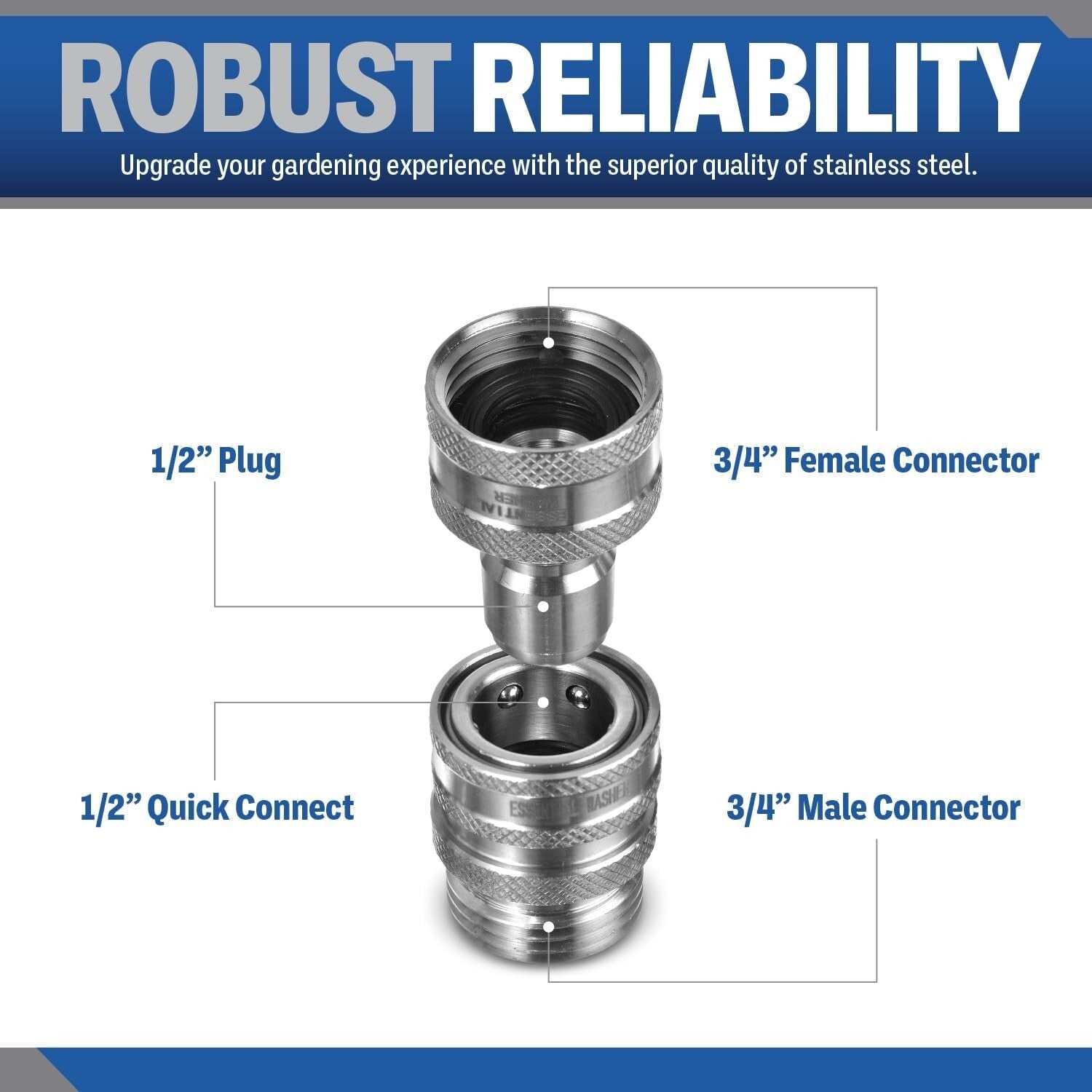 304 Stainless Steel Quick Connect Garden Hose Fittings Set - One Hand Operation