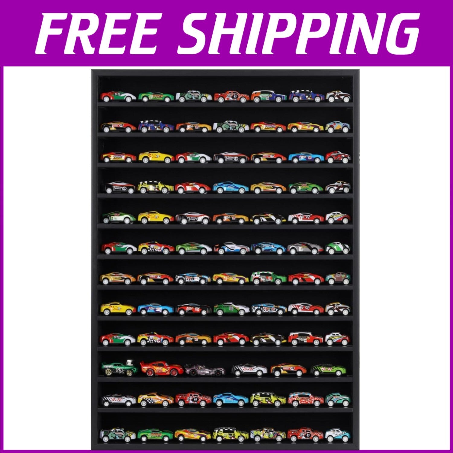 Elegant Black Wall-Mount Hot Wheels Display Case for 55-60 Die-Cast Models