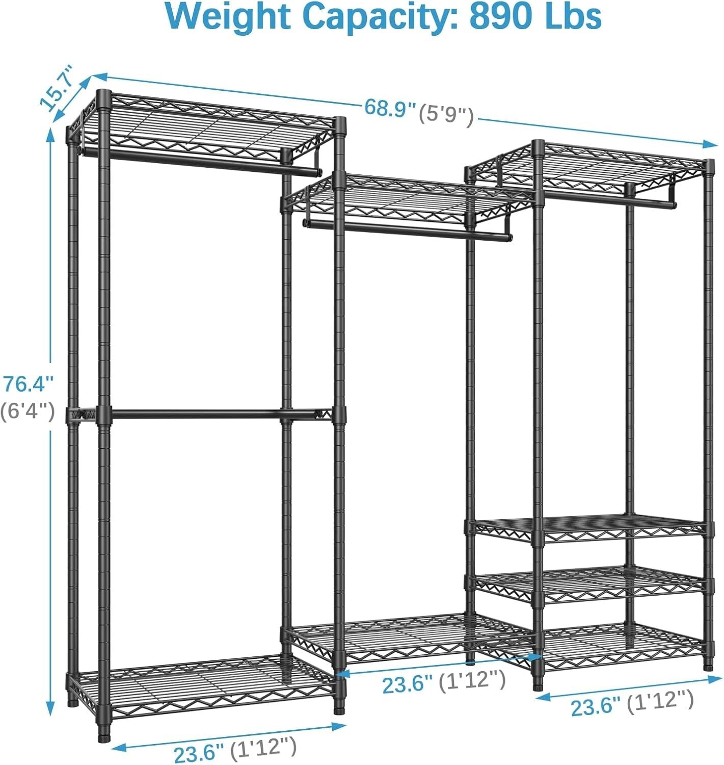 890lb Load Portable Closet Organizer - 4 Hang Rods & 8 Shelves, Adjustable