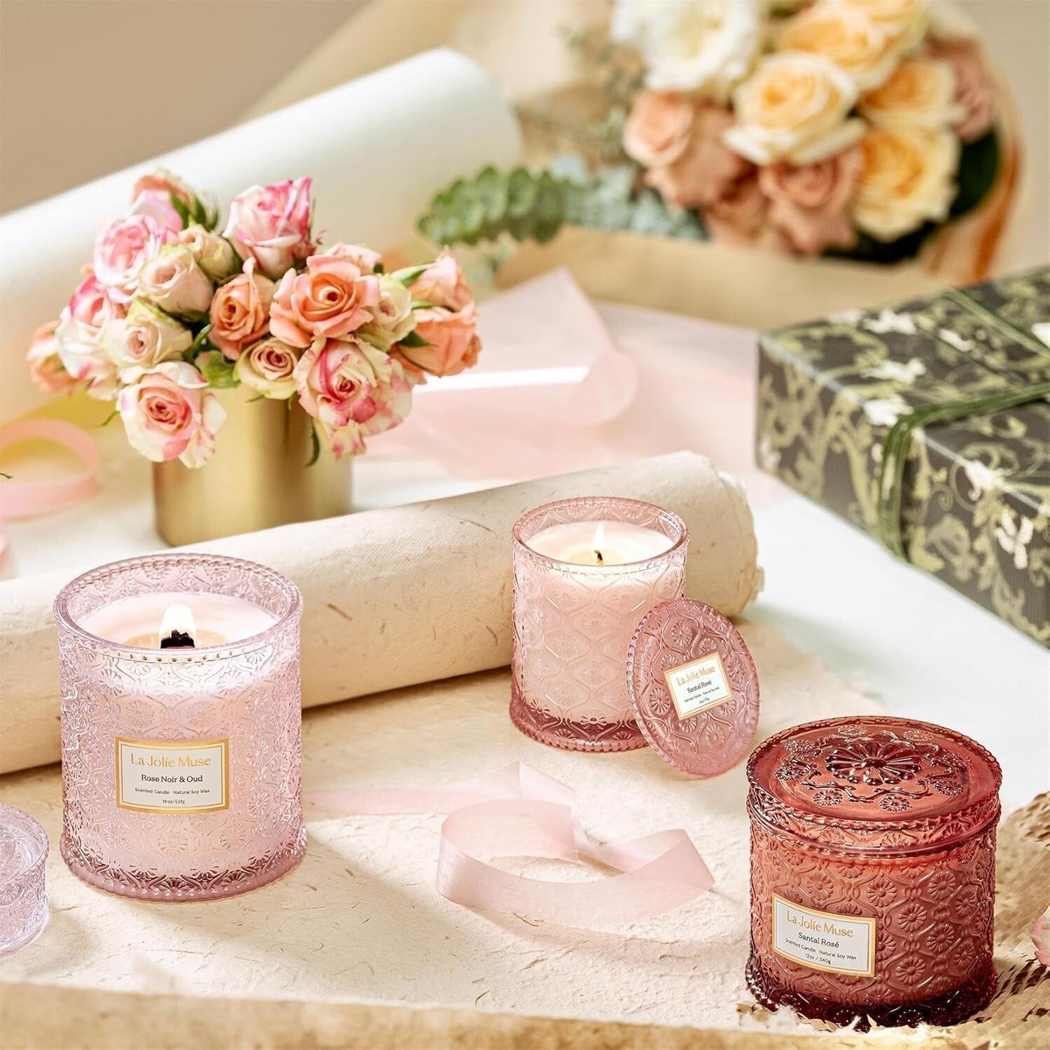 Artisanal 19 Oz Rose Noir Oud Candle - Elegant Glass & Eco-Conscious Design