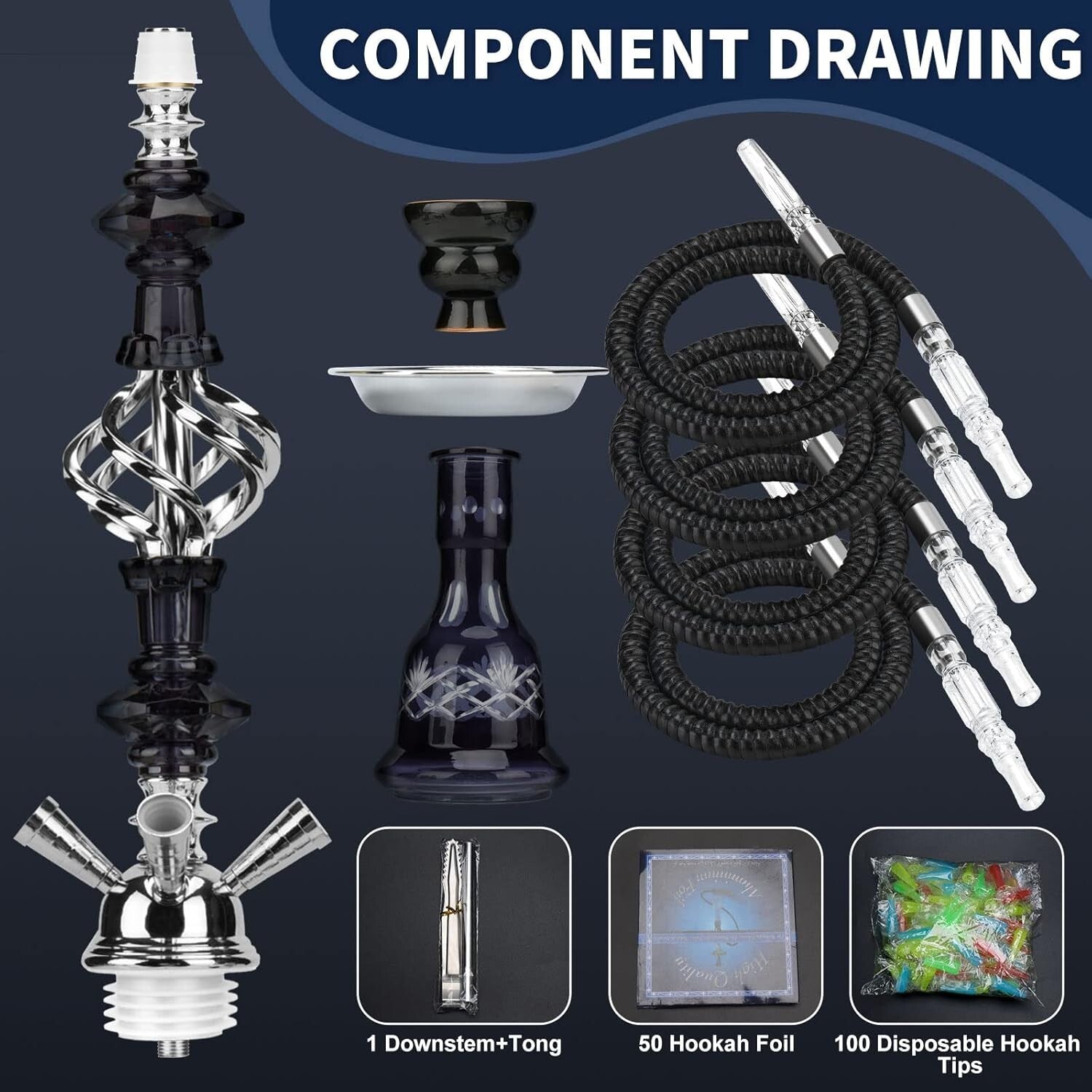 Elegant 22'' Premium Hookah Set - Glass Vase, Ceramic Bowl & Coal Tongs Included