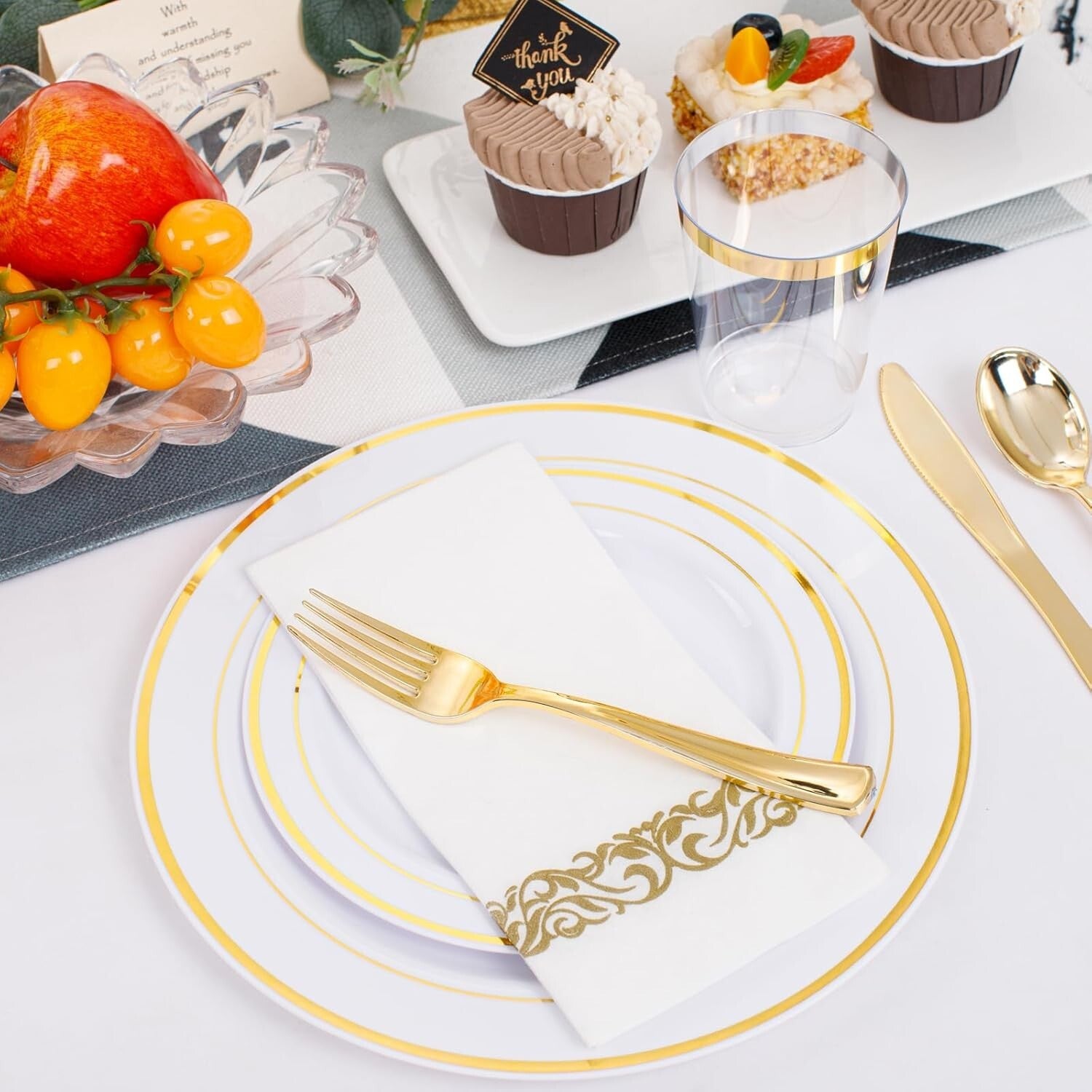 Elegant 350-Piece Gold Plastic Dinnerware Set for 50 Guests - Complete Party Kit