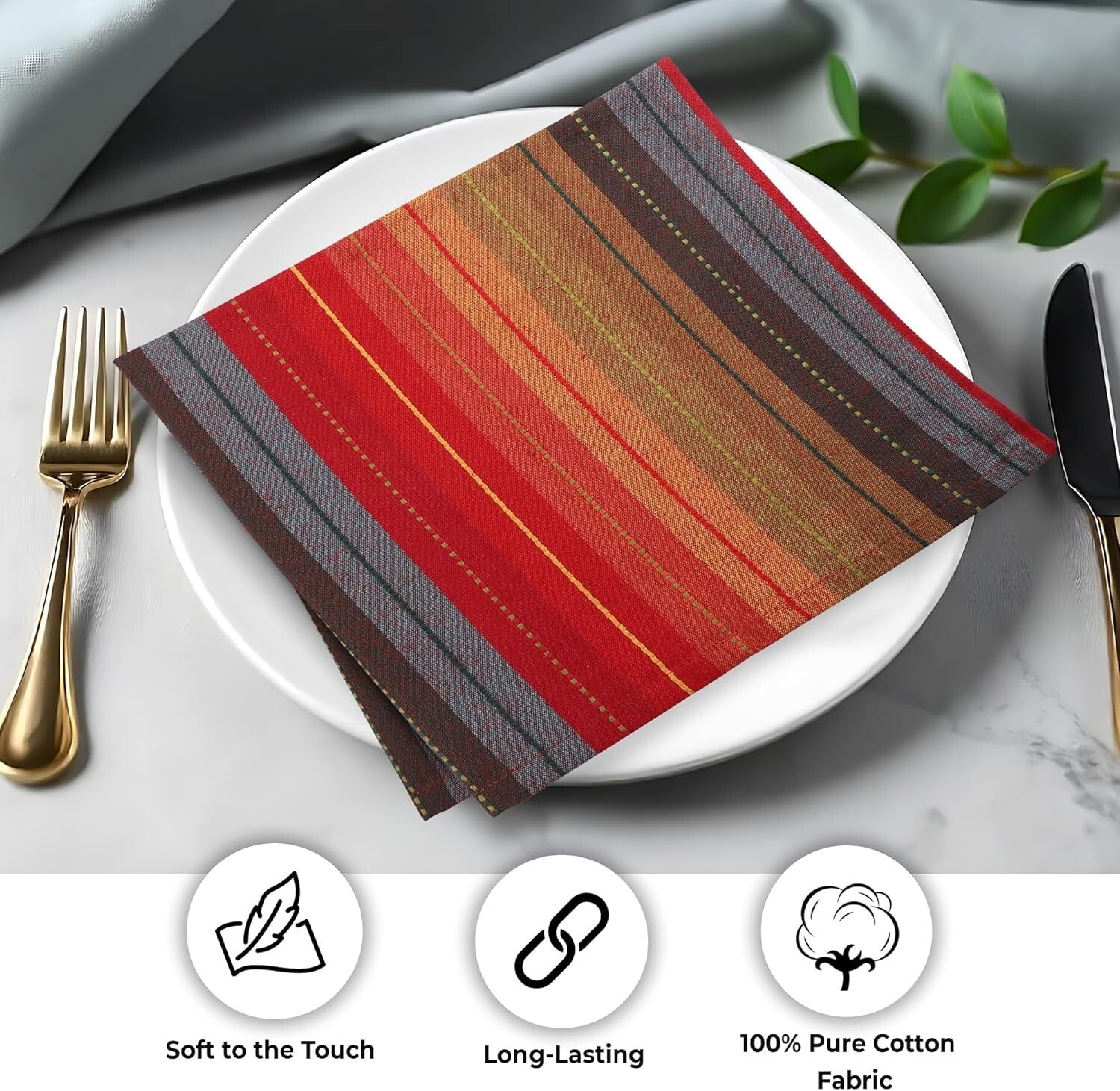 Red Multi Color Striped Napkin Set - 12 Premium Cotton Dinner Napkins 20x20