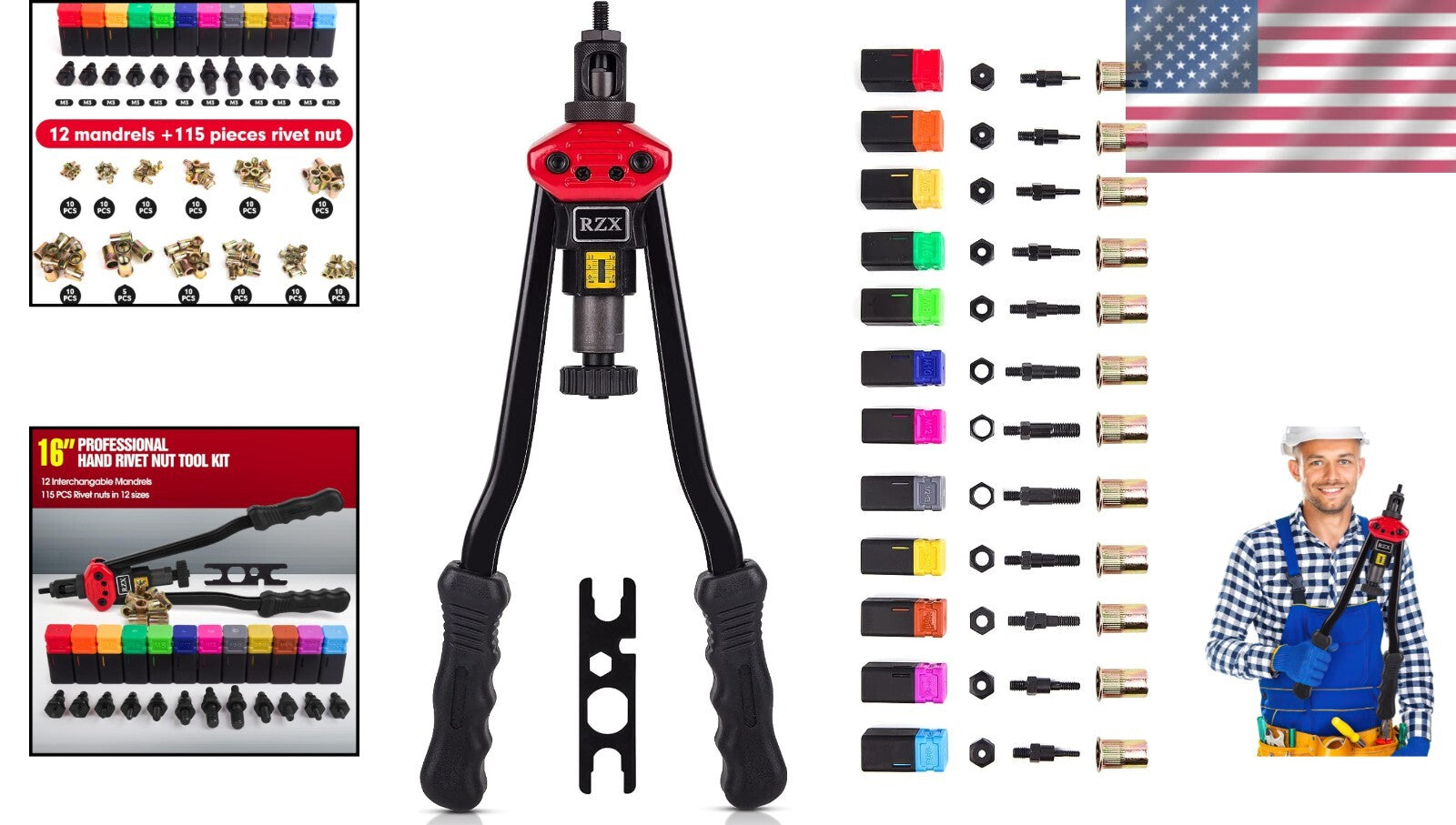16" Rivet Nut Tool & Blind Riveter Kit - 12 Mandrels + 115 Rivets Included