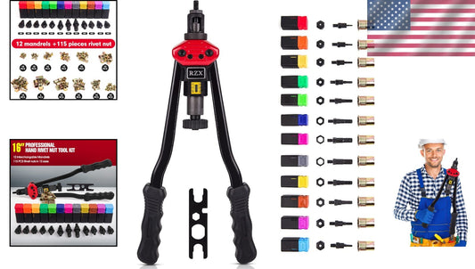 16" Rivet Nut Tool & Blind Riveter Kit - 12 Mandrels + 115 Rivets Included
