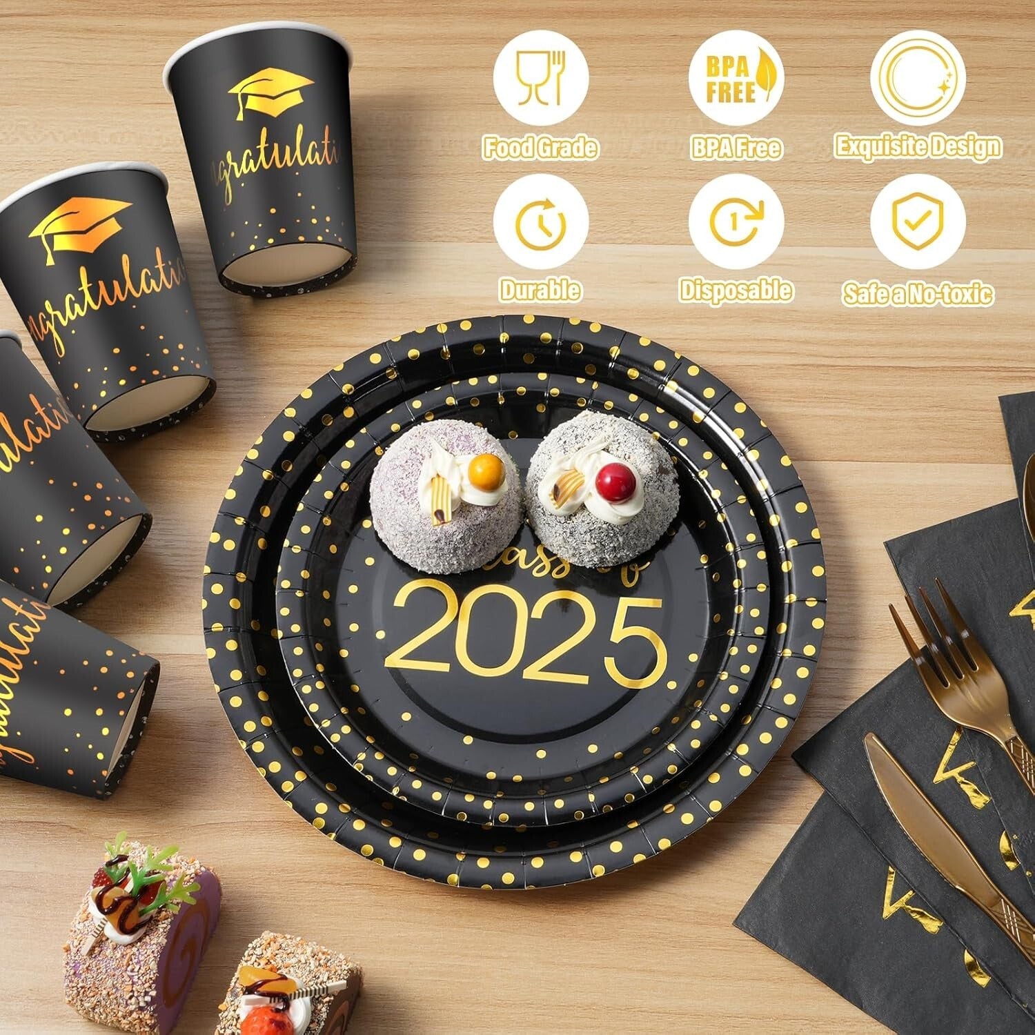 Easy-Clean 700pcs Graduation Essentials Set - Serve 100 in Black & Gold Elegance
