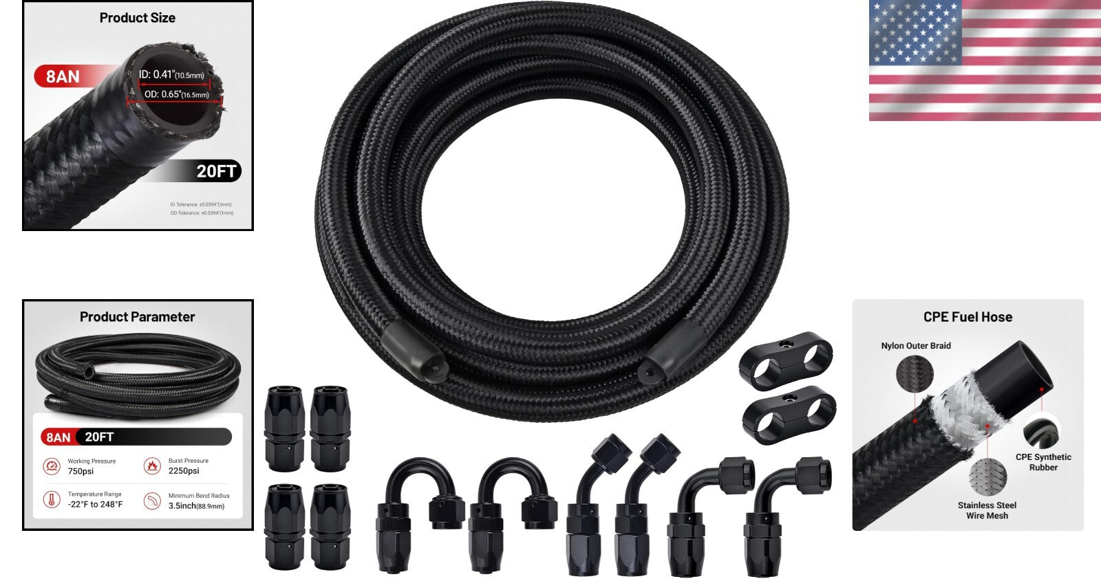 20FT 8AN Nylon Braided Fuel Line - 750psi Pressure, Versatile Applications