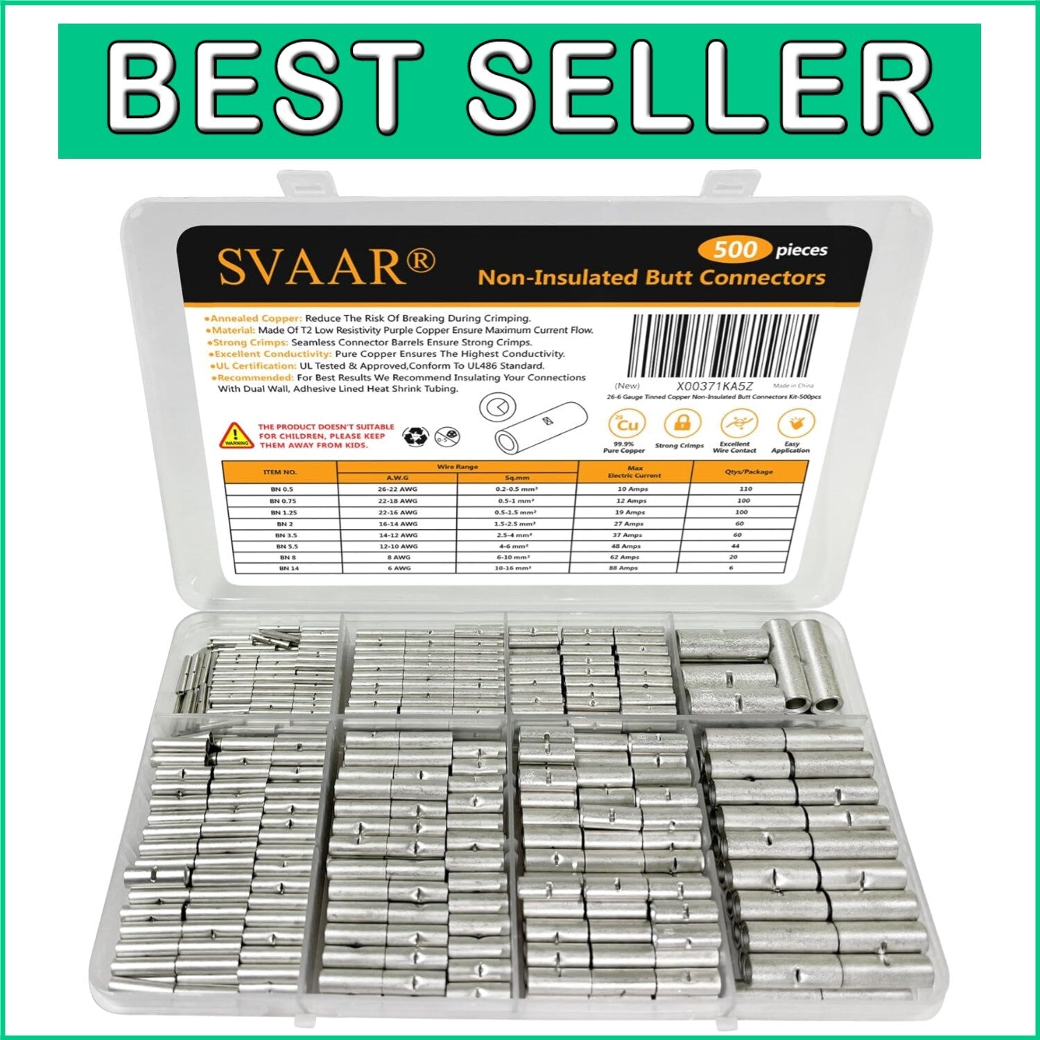 500 PCS Non-Insulated Butt Connectors - Marine Grade Tinned Copper 6-26 AWG